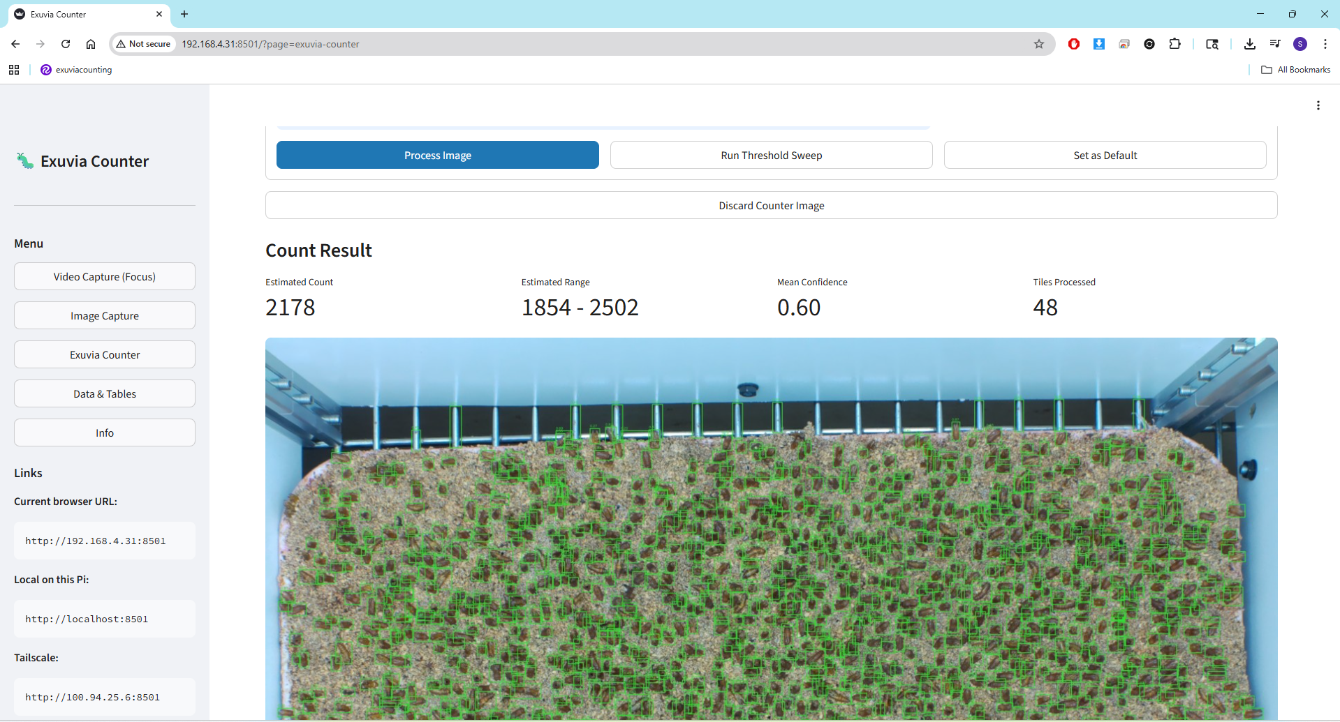 Streamlit web app showing count result and batch statistics